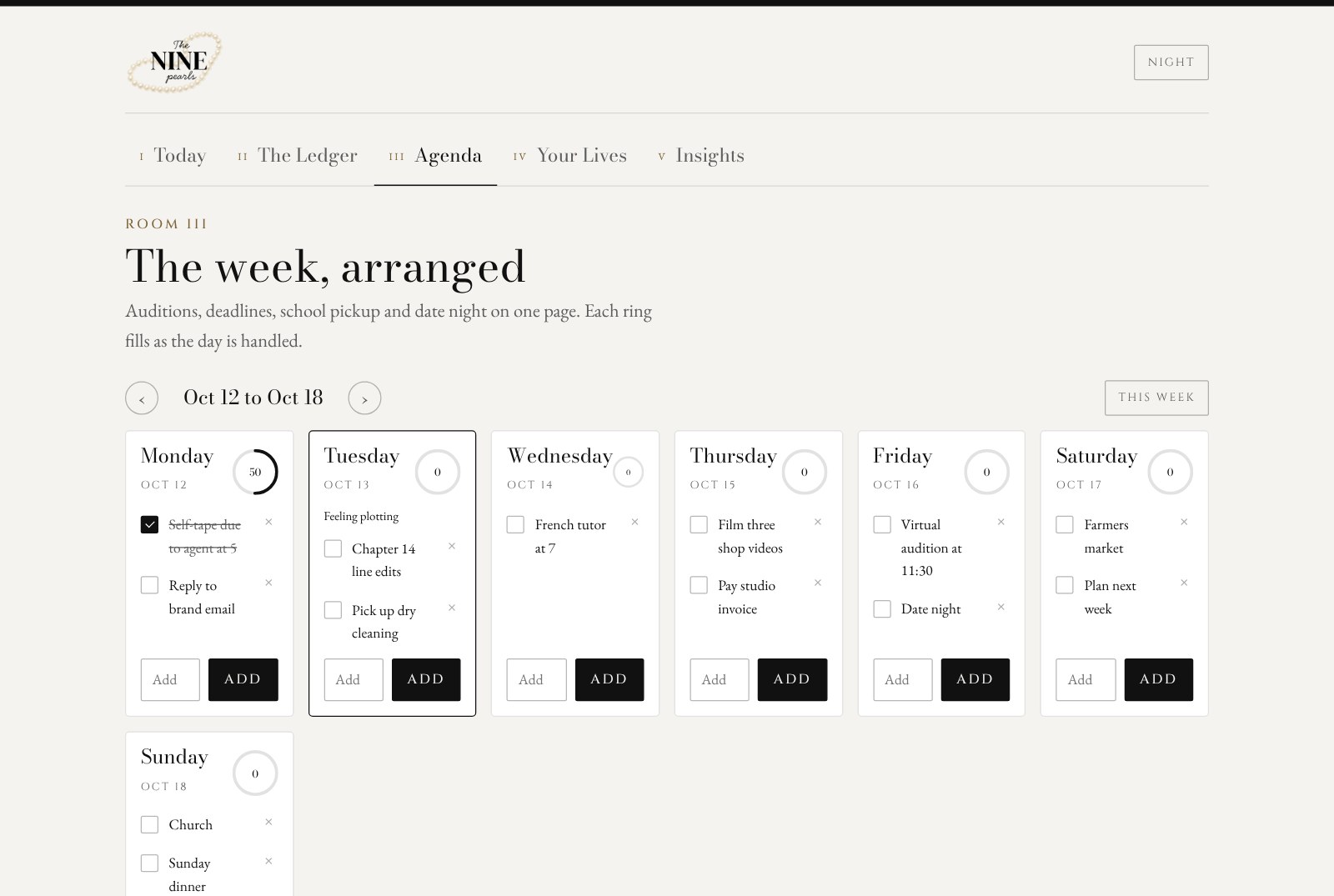 The Agenda: seven days with tasks and a small ring per day